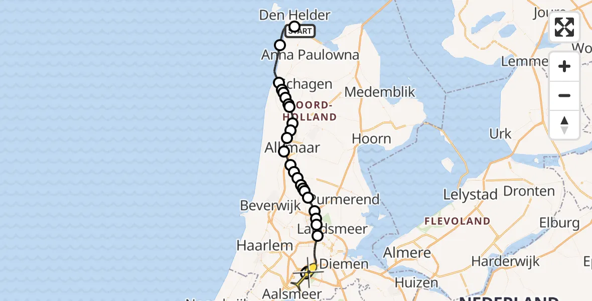 Routekaart van de vlucht: Politieheli naar Schiphol