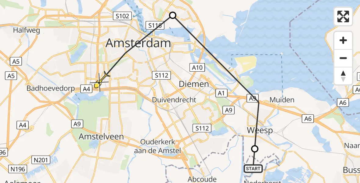 Routekaart van de vlucht: Politieheli naar Amsterdam