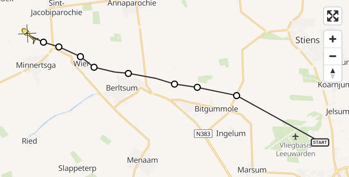 Routekaart van de vlucht: Ambulancehelikopter naar Minnertsga
