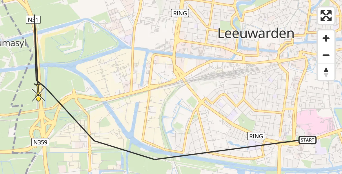 Vluchtroute Ambulancehelikopter van Leeuwarden naar Leeuwarden
