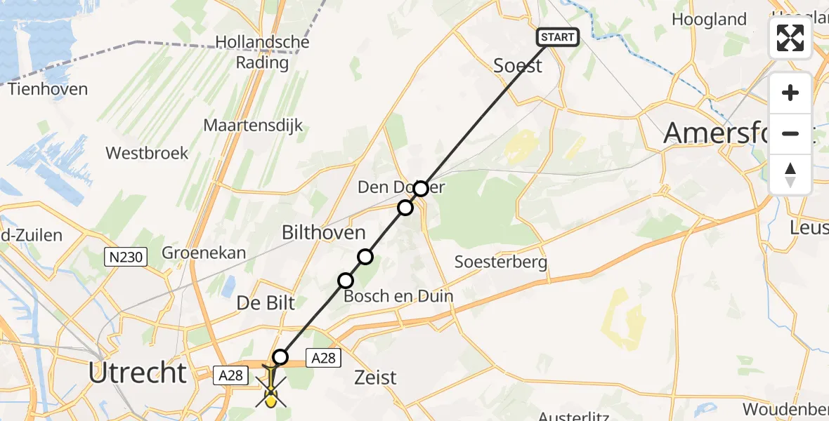 Routekaart van de vlucht: Lifeliner 1 naar Universitair Medisch Centrum Utrecht