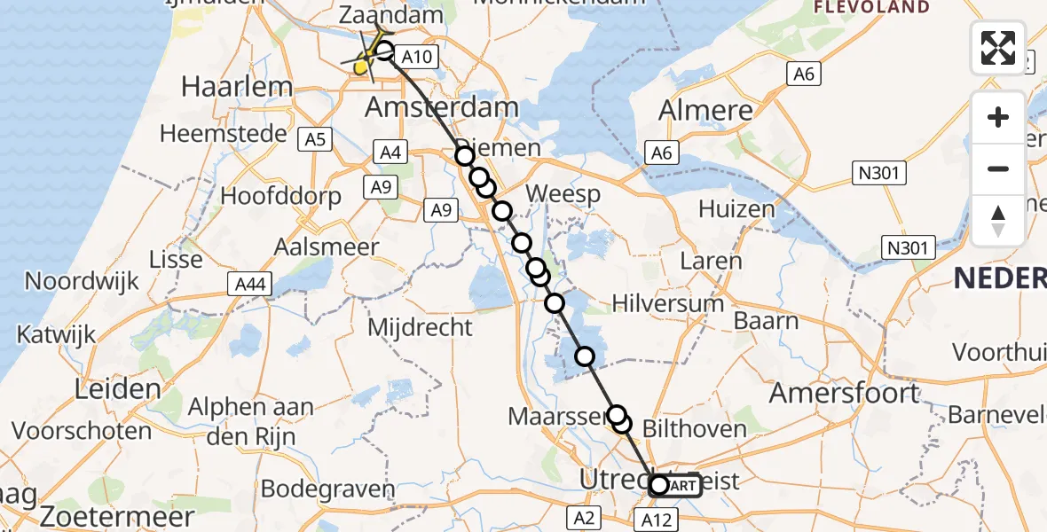 Routekaart van de vlucht: Lifeliner 1 naar Amsterdam Heliport