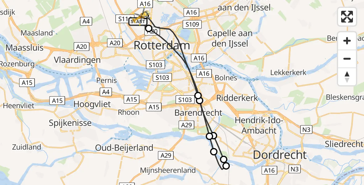 Vluchtroute Traumahelikopter Rotterdam The Hague Airport - Rotterdam The Hague Airport, 13 november 2023, 08:27