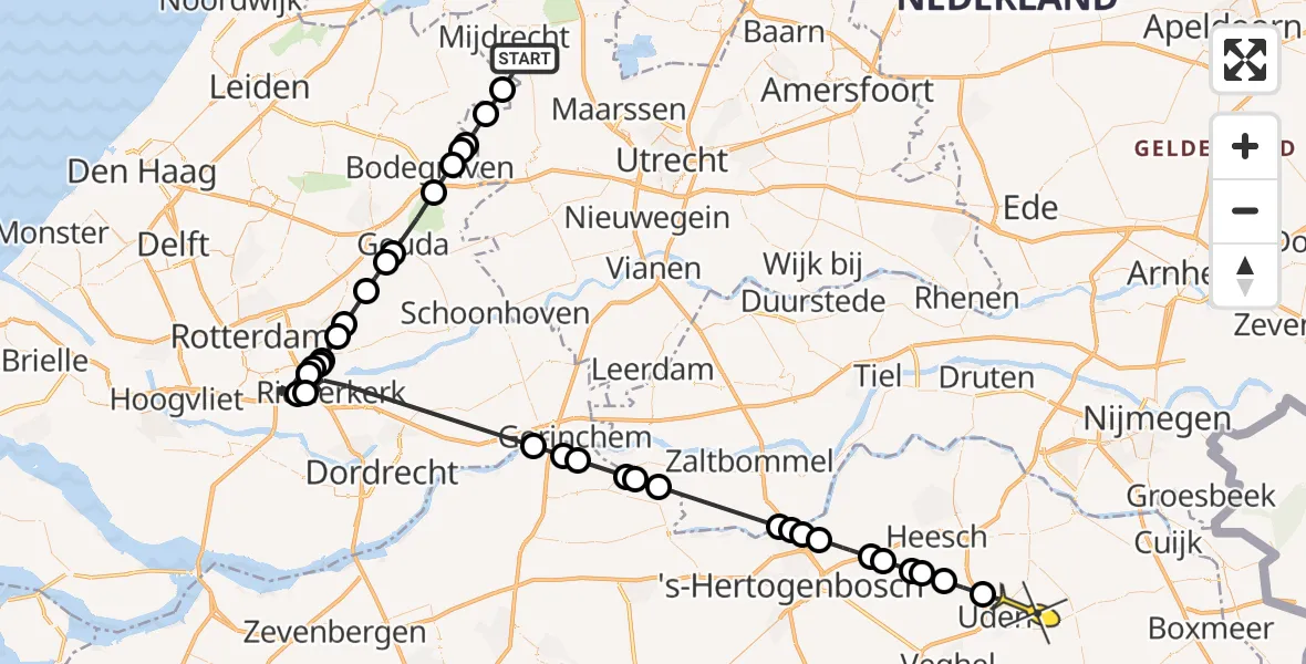 Routekaart van de vlucht: Politiehelikopter naar Uden