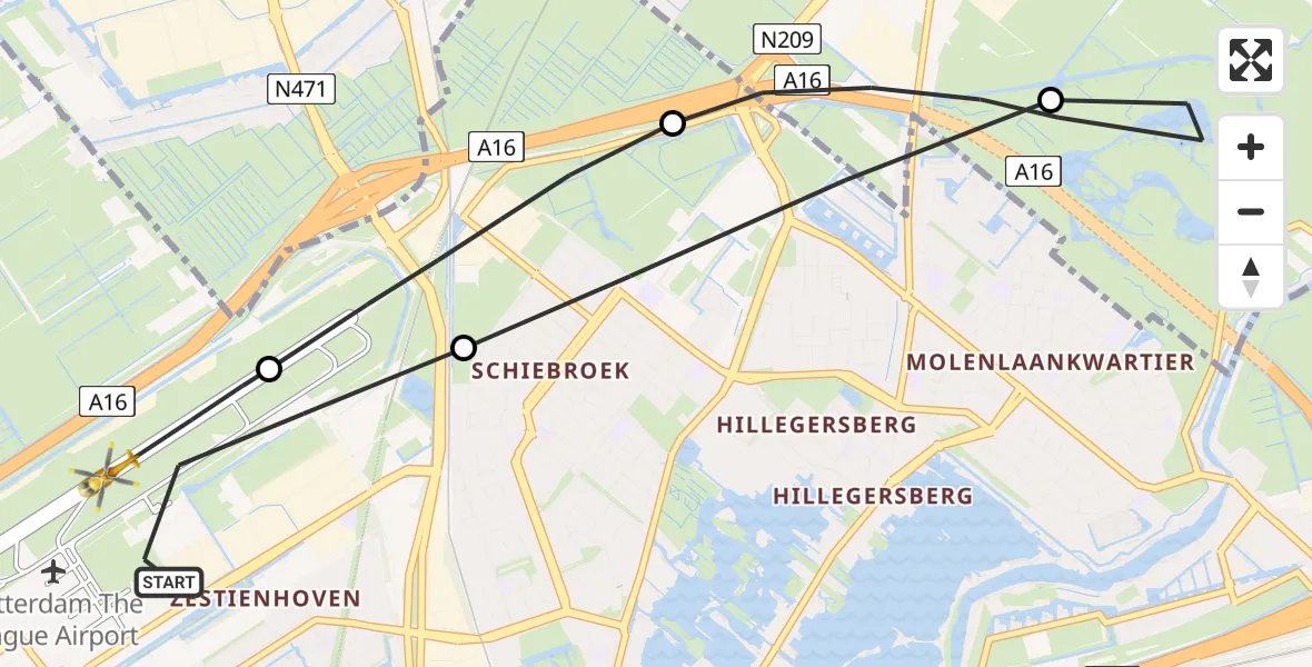 Vluchtroute Traumahelikopter Rotterdam The Hague Airport - Rotterdam The Hague Airport, 13 november 2023, 19:29