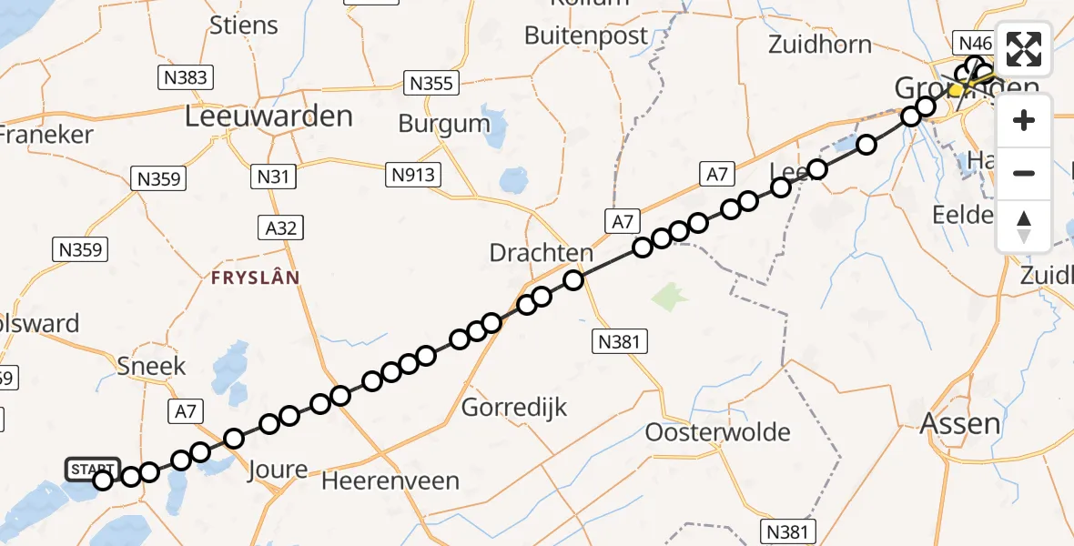 Routekaart van de vlucht: Lifeliner 4 naar Universitair Medisch Centrum Groningen