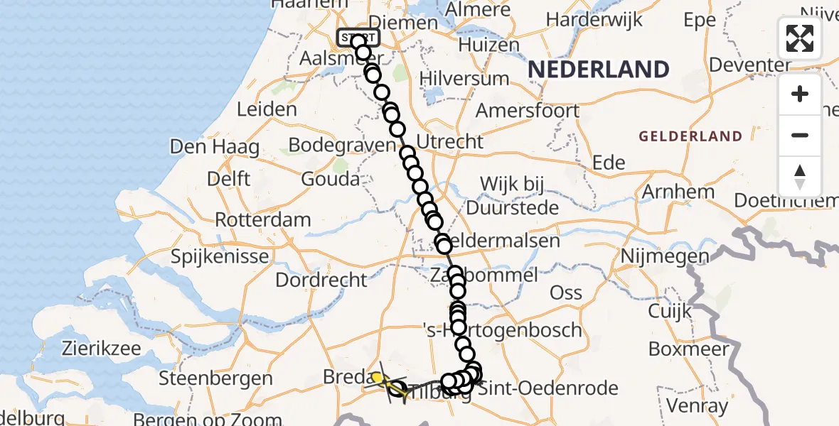 Routekaart van de vlucht: Politiehelikopter naar Vliegbasis Gilze-Rijen