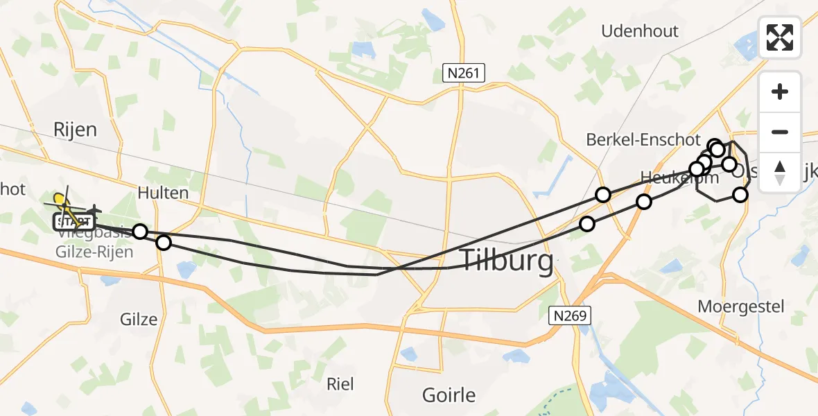 Routekaart van de vlucht: Politieheli naar Vliegbasis Gilze-Rijen