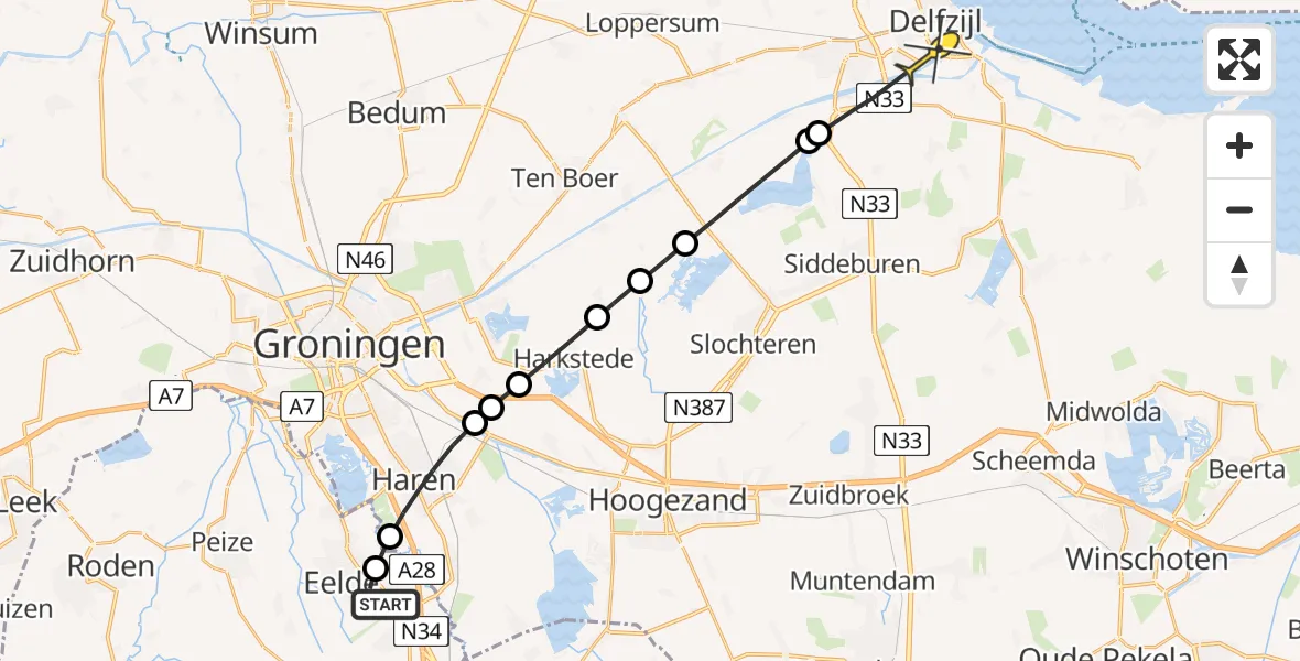 Routekaart van de vlucht: Lifeliner 4 naar Delfzijl