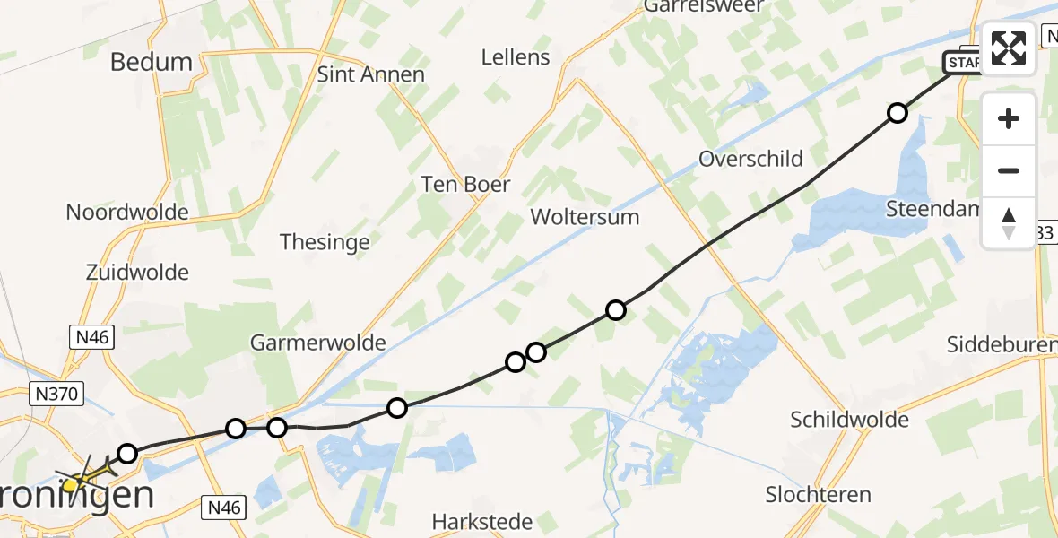 Routekaart van de vlucht: Lifeliner 4 naar Universitair Medisch Centrum Groningen