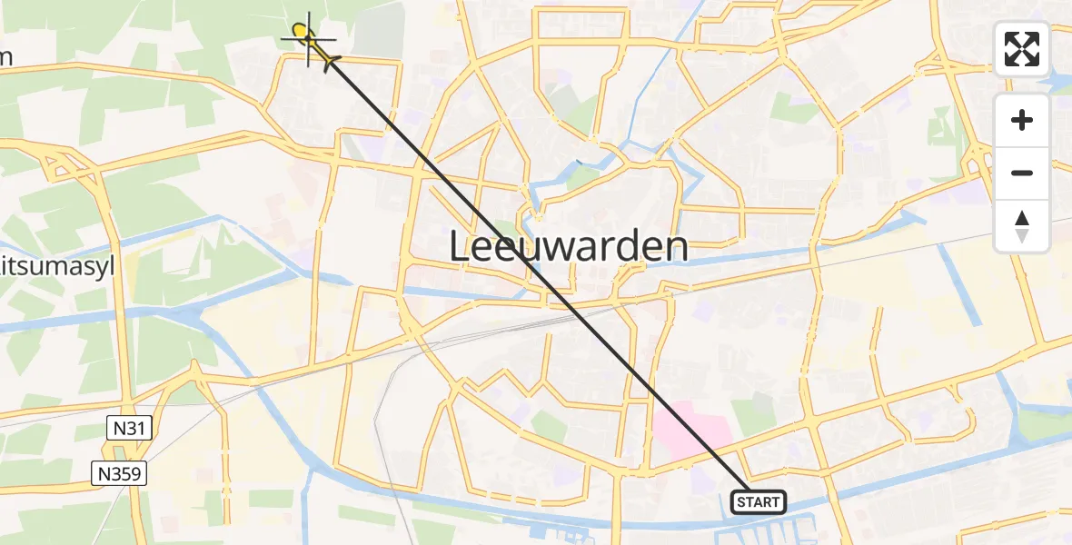 Vluchtroute Ambulancehelikopter van Leeuwarden naar Leeuwarden