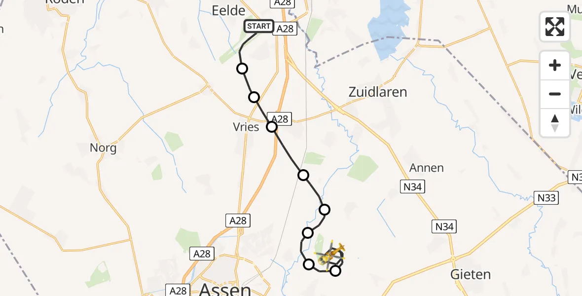 Vluchtroute Traumahelikopter Groningen Airport Eelde - Balloërveld, 14 november 2023, 18:26