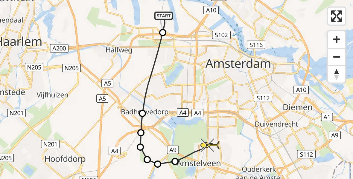 Routekaart van de vlucht: Lifeliner 1 naar Amstelveen