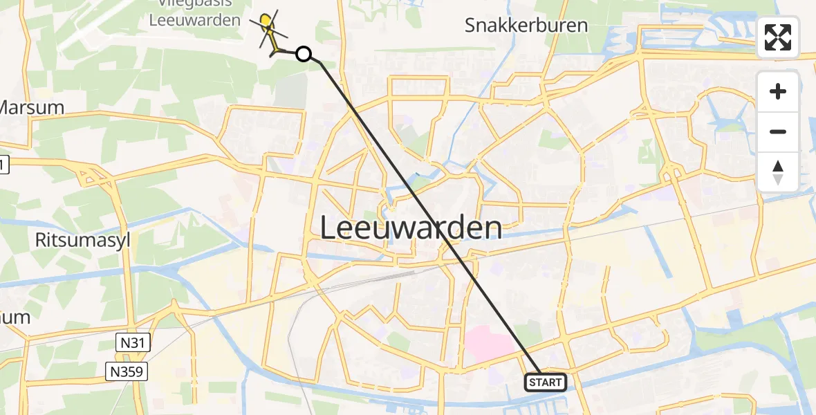 Vluchtroute Ambulancehelikopter van Leeuwarden naar Vliegbasis Leeuwarden