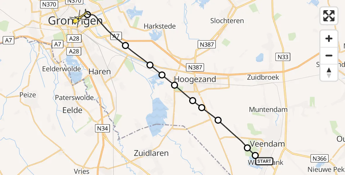 Routekaart van de vlucht: Lifeliner 4 naar Universitair Medisch Centrum Groningen