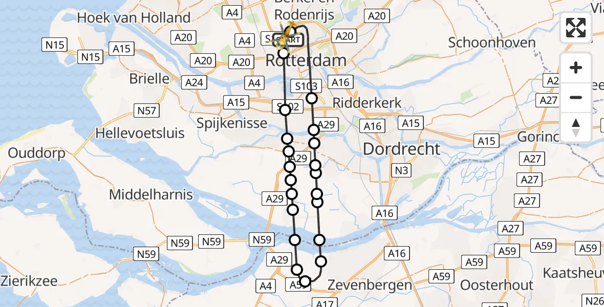 Vluchtroute Traumahelikopter Rotterdam The Hague Airport - Rotterdam The Hague Airport, 15 november 2023, 19:28