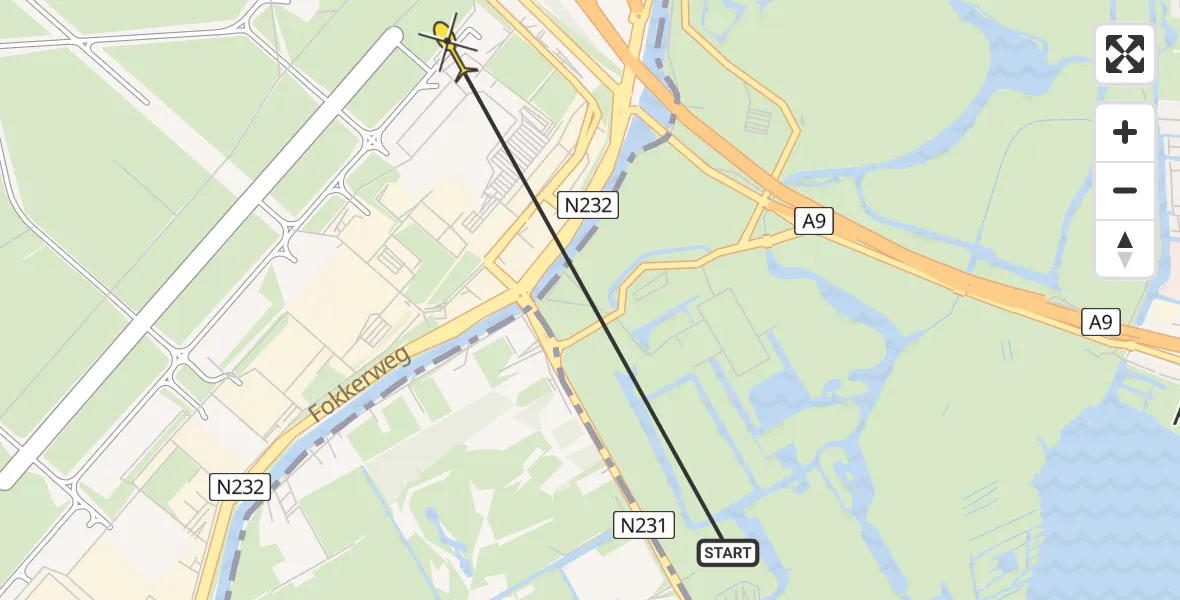 Vluchtroute Politiehelikopter van Amstelveen naar Schiphol