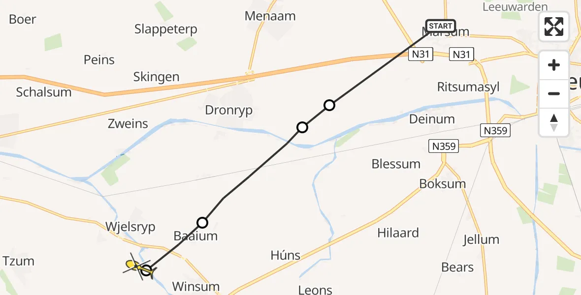 Routekaart van de vlucht: Ambulanceheli naar Winsum