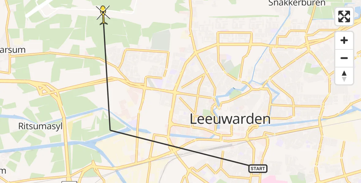 Vluchtroute Ambulancehelikopter van Leeuwarden naar Vliegbasis Leeuwarden