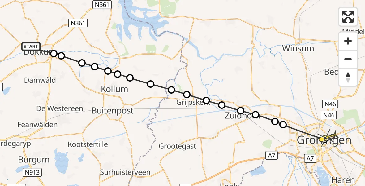 Routekaart van de vlucht: Lifeliner 4 naar Universitair Medisch Centrum Groningen