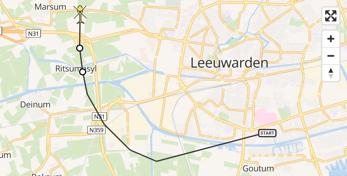 Vluchtroute Ambulancehelikopter van Leeuwarden naar Leeuwarden