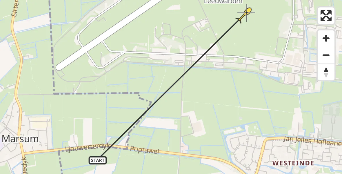 Vluchtroute Ambulancehelikopter van Leeuwarden naar Vliegbasis Leeuwarden