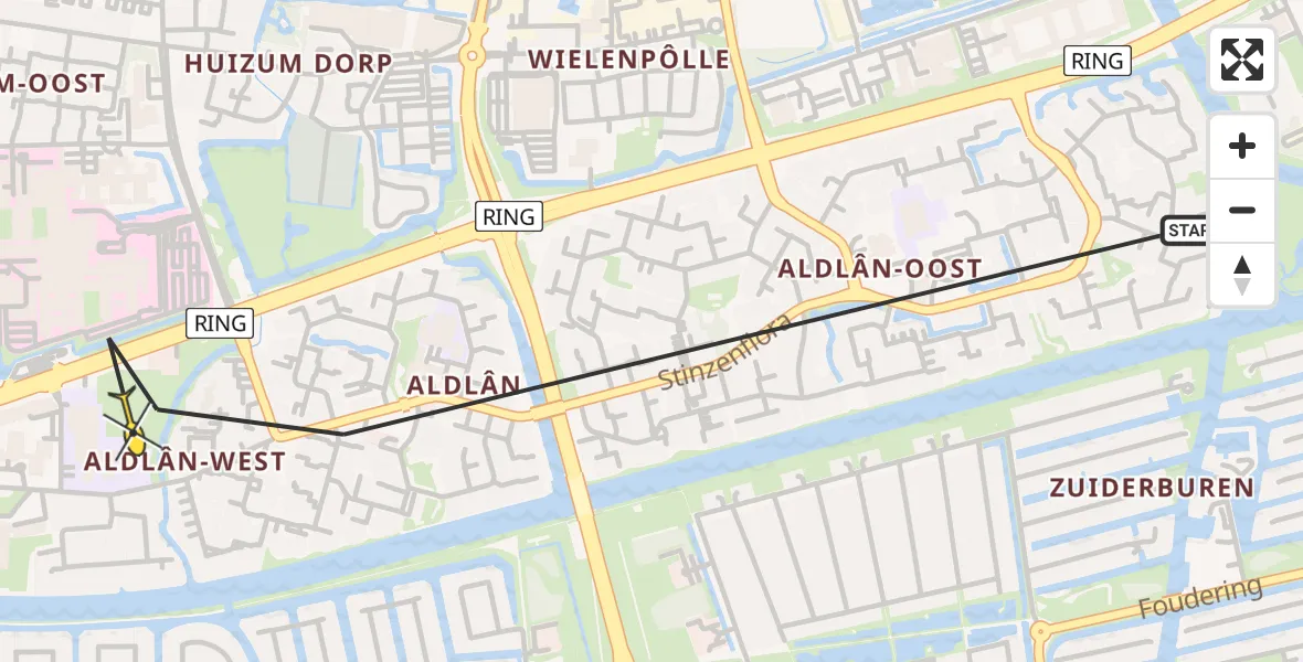 Vluchtroute Ambulancehelikopter van Leeuwarden naar Leeuwarden