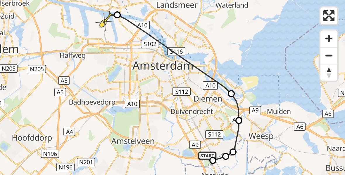 Routekaart van de vlucht: Lifeliner 1 naar Amsterdam Heliport