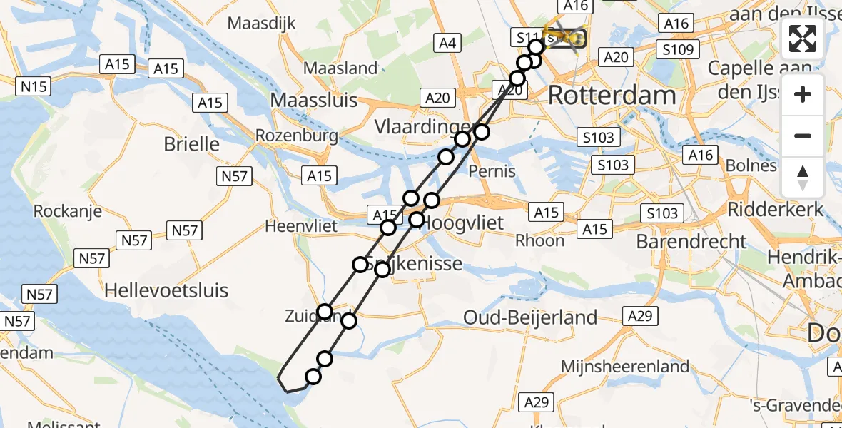 Vluchtroute Traumahelikopter Rotterdam The Hague Airport - Rotterdam The Hague Airport, 17 november 2023, 22:57