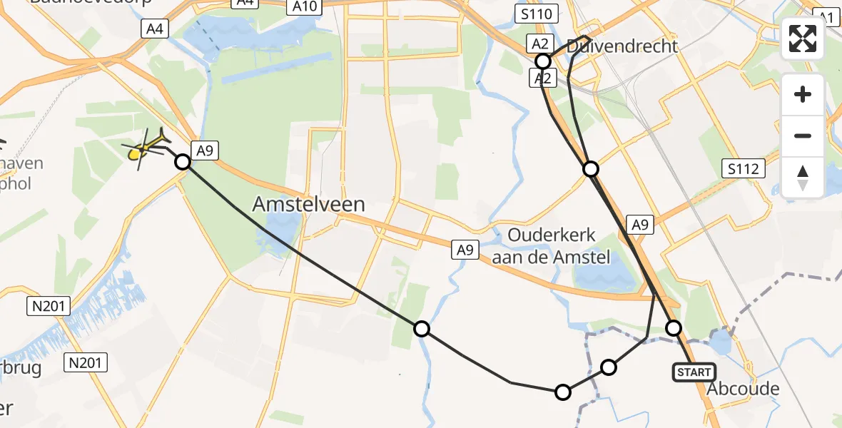 Routekaart van de vlucht: Politieheli naar Schiphol