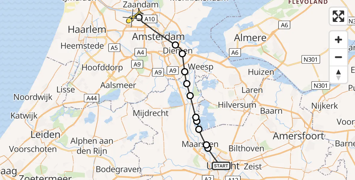 Routekaart van de vlucht: Lifeliner 1 naar Amsterdam Heliport