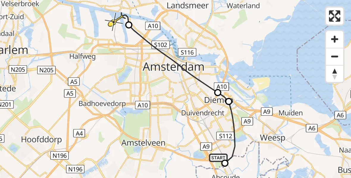 Routekaart van de vlucht: Lifeliner 1 naar Amsterdam Heliport