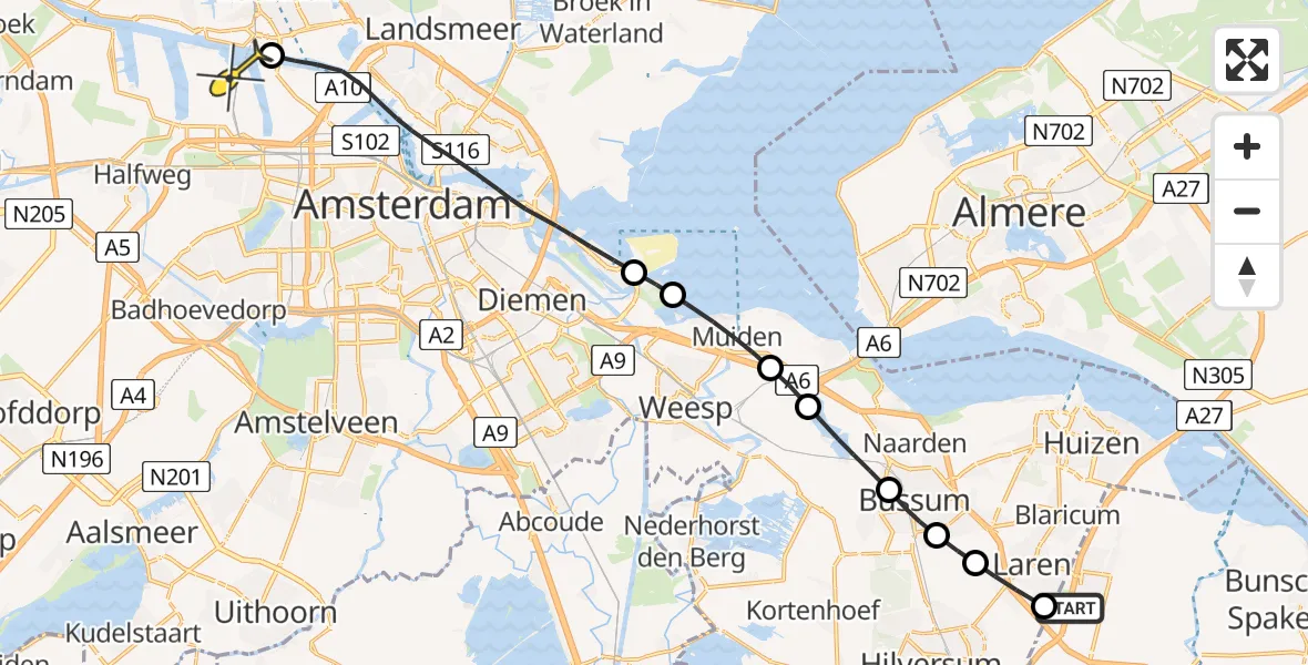 Routekaart van de vlucht: Lifeliner 1 naar Amsterdam Heliport