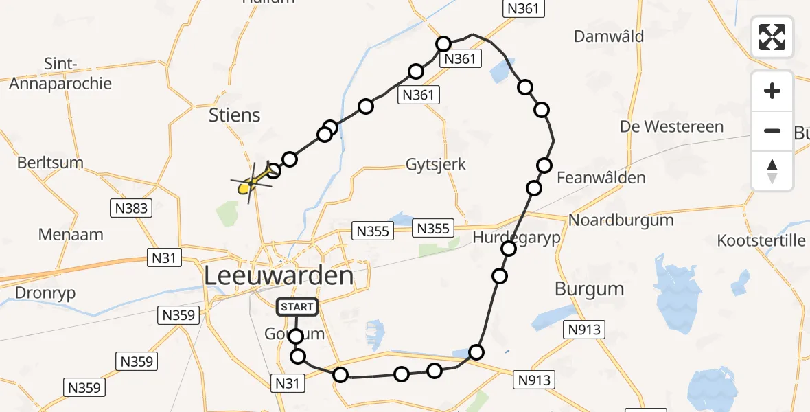 Routekaart van de vlucht: Ambulanceheli naar Vliegbasis Leeuwarden