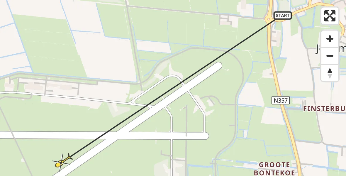 Vluchtroute Ambulancehelikopter van Vliegbasis Leeuwarden naar Vliegbasis Leeuwarden