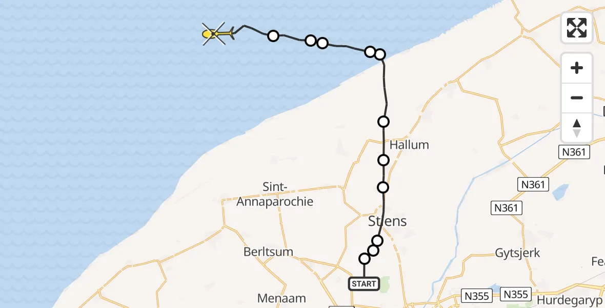 Routekaart van de vlucht: Ambulanceheli naar Oosterend