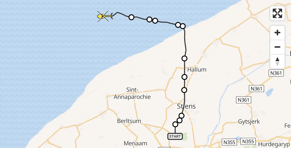 Routekaart van de vlucht: Ambulancehelikopter naar Oosterend