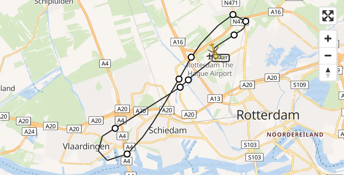 Vluchtroute Traumahelikopter Rotterdam The Hague Airport - Rotterdam The Hague Airport, 19 november 2023, 21:22