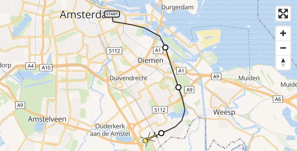 Routekaart van de vlucht: Lifeliner 1 naar Academisch Medisch Centrum (AMC)