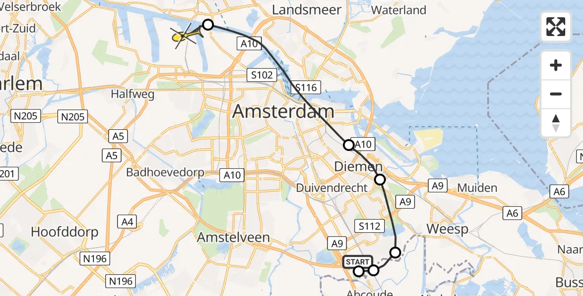 Routekaart van de vlucht: Lifeliner 1 naar Amsterdam Heliport