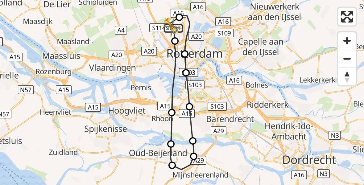 Vluchtroute Traumahelikopter Rotterdam The Hague Airport - Rotterdam The Hague Airport, 19 november 2023, 23:27