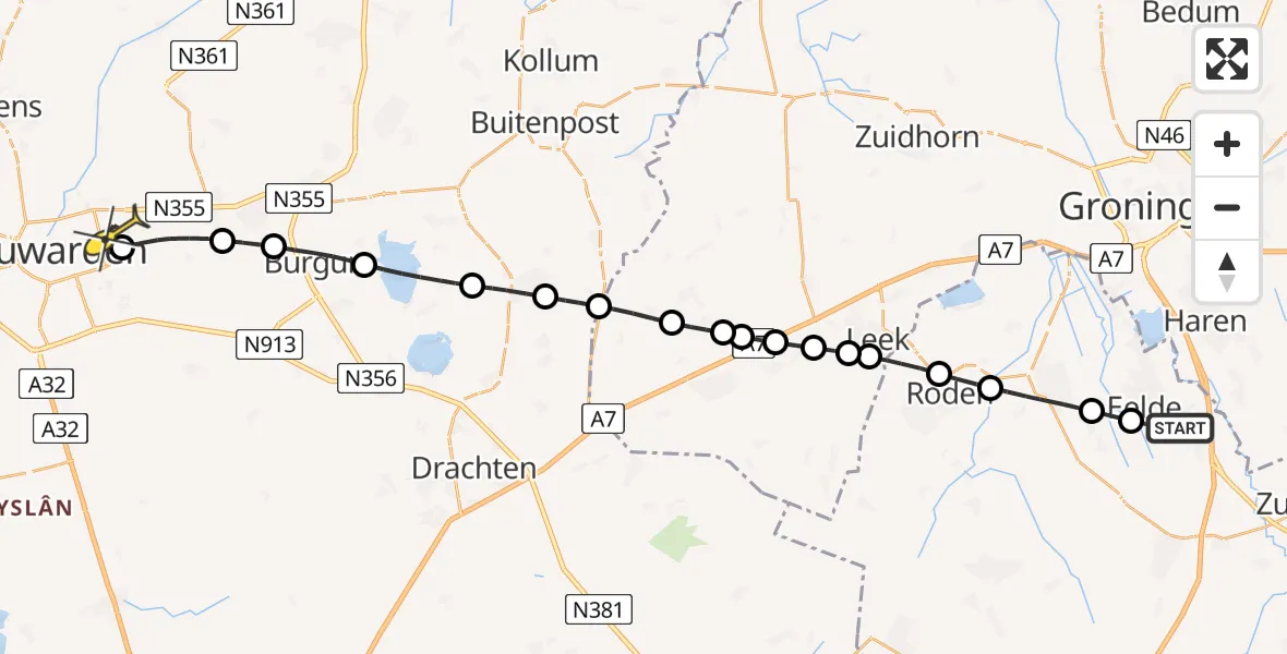 Routekaart van de vlucht: Lifeliner 4 naar Leeuwarden