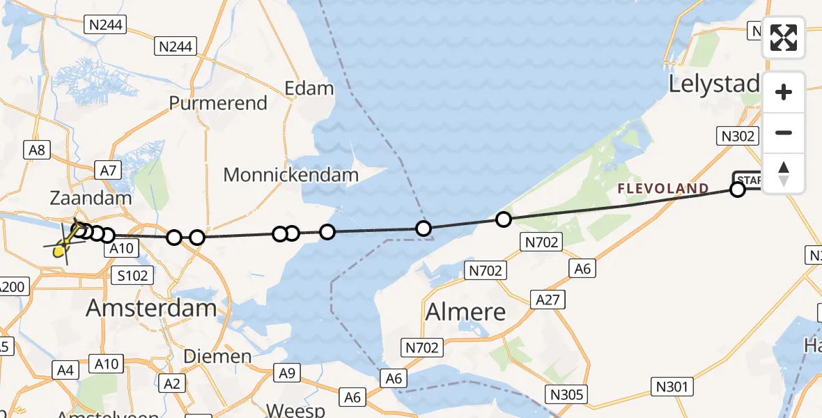 Routekaart van de vlucht: Lifeliner 1 naar Amsterdam Heliport