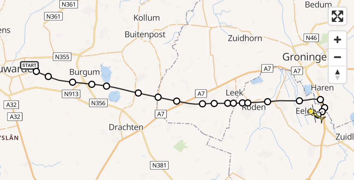 Routekaart van de vlucht: Lifeliner 4 naar Groningen Airport Eelde