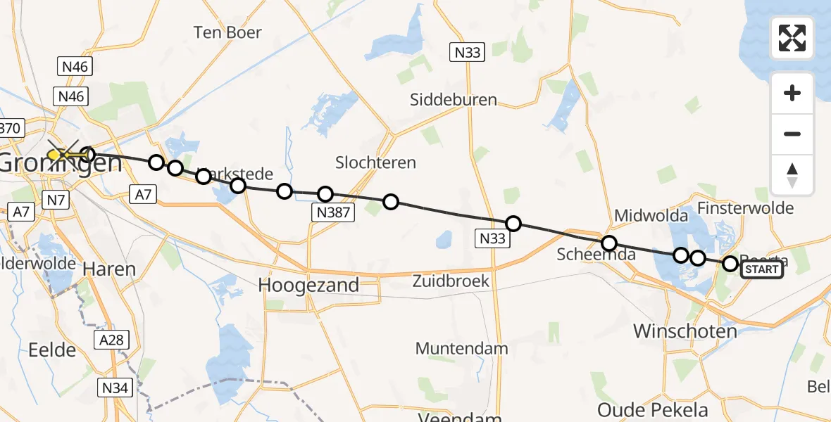 Routekaart van de vlucht: Lifeliner 4 naar Universitair Medisch Centrum Groningen