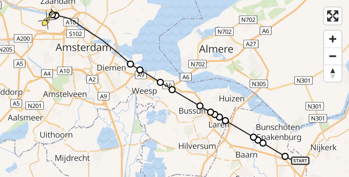 Routekaart van de vlucht: Lifeliner 1 naar Amsterdam Heliport