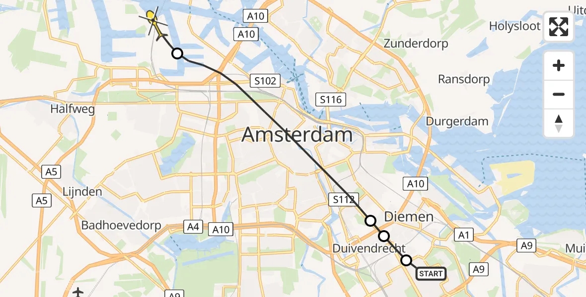 Routekaart van de vlucht: Lifeliner 1 naar Amsterdam Heliport