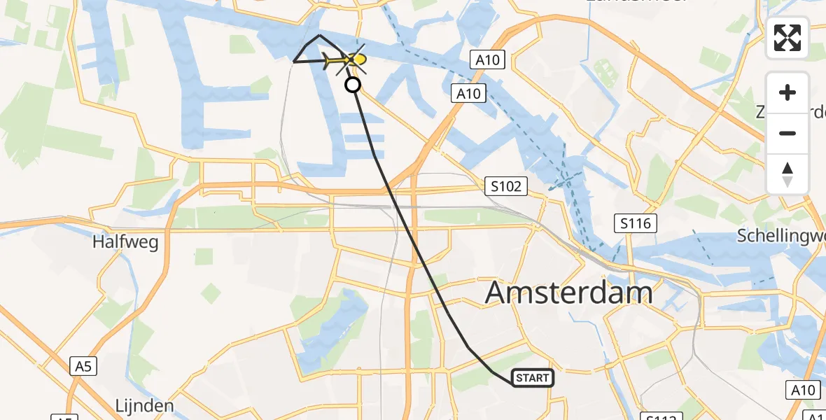 Routekaart van de vlucht: Lifeliner 1 naar Amsterdam Heliport