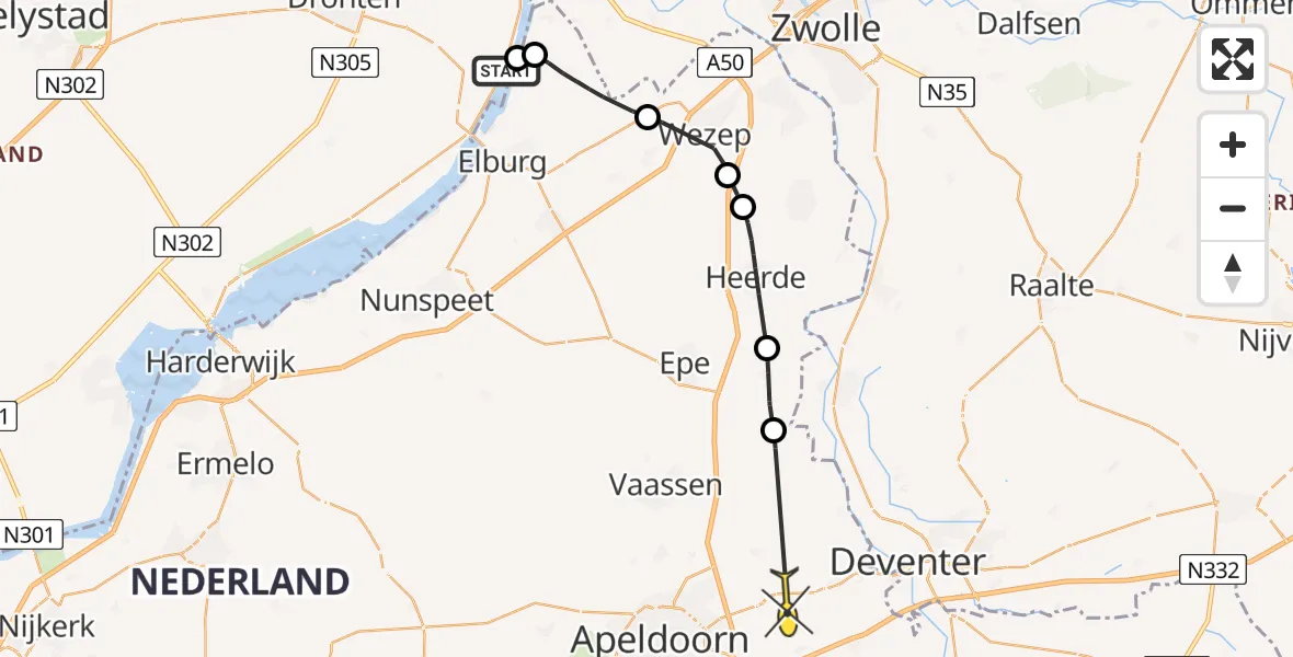 Routekaart van de vlucht: Politiehelikopter naar Vliegveld Teuge