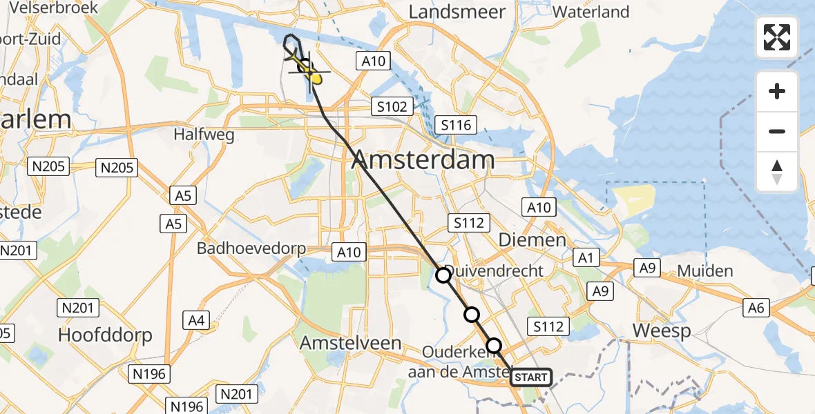 Routekaart van de vlucht: Lifeliner 1 naar Amsterdam Heliport